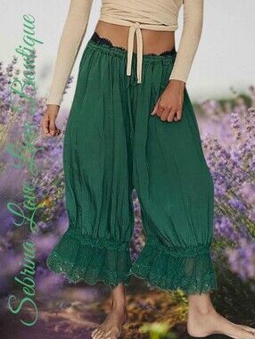 Romantic Victorian Inspired Green Lace-Hem Boho Bloomer Pantaloon Harem Pants